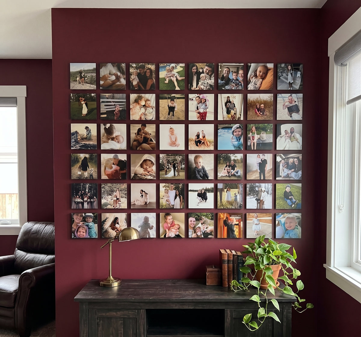 A gallery wall made with magnetic photo tiles